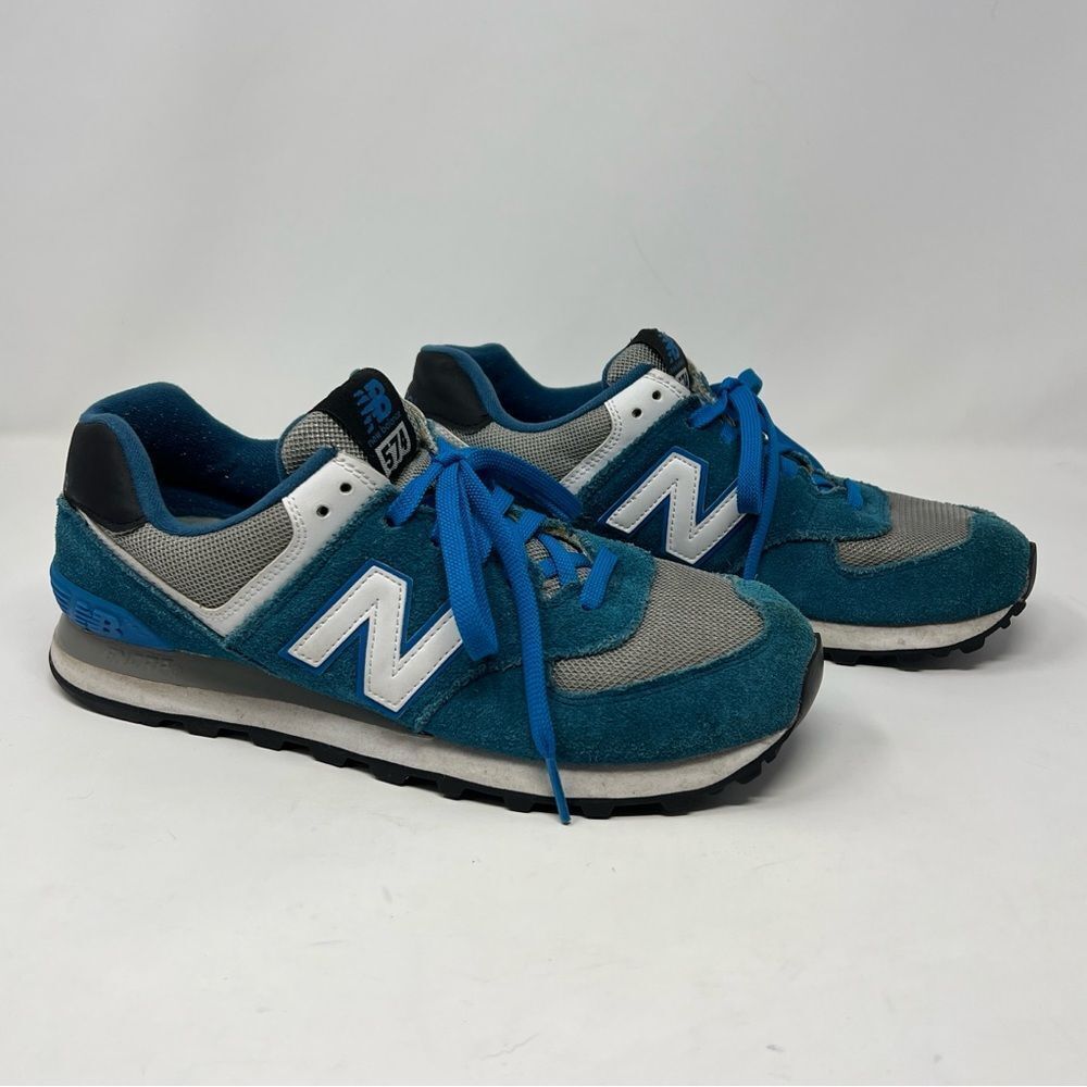 New Balance 574 Classic Teal Blue Suede Gray Mesh Sneakers Men’s 8